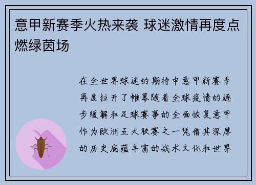 意甲新赛季火热来袭 球迷激情再度点燃绿茵场