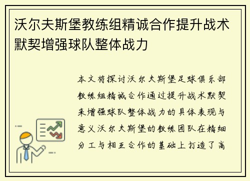 沃尔夫斯堡教练组精诚合作提升战术默契增强球队整体战力