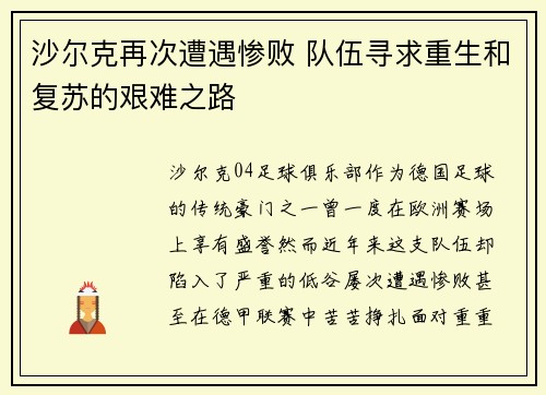 沙尔克再次遭遇惨败 队伍寻求重生和复苏的艰难之路