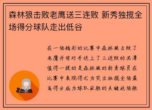 森林狼击败老鹰送三连败 新秀独揽全场得分球队走出低谷